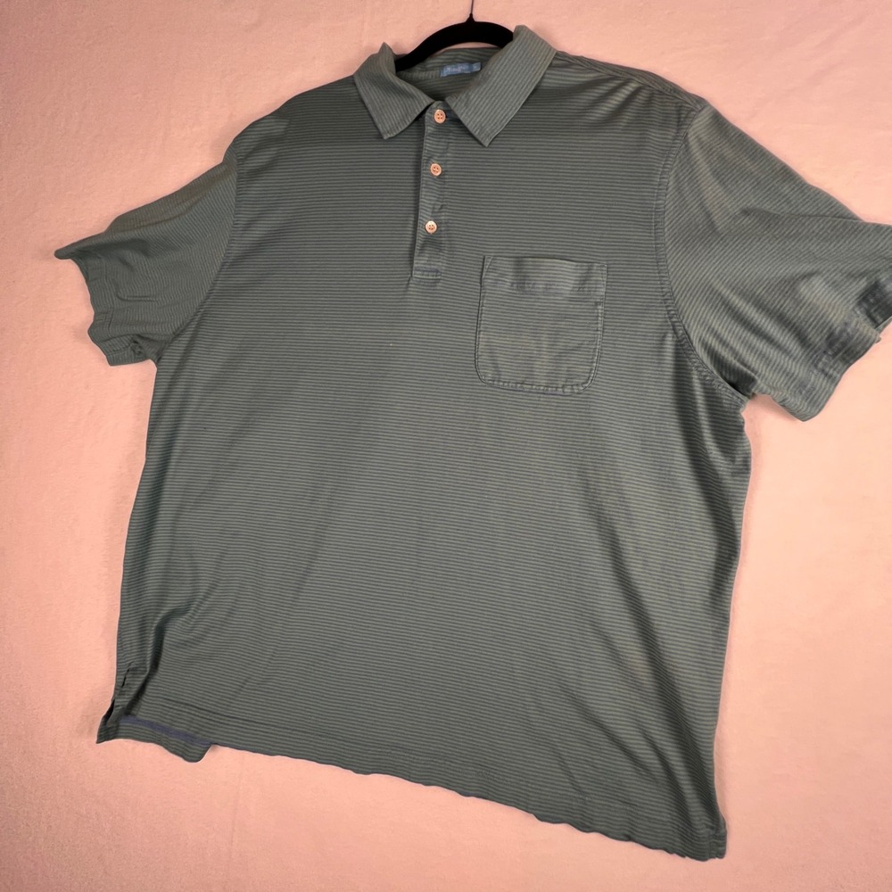 J.McLaughlin Mens XL Pima Cotton Polo Shirt Blue Green Striped Chest Pocket